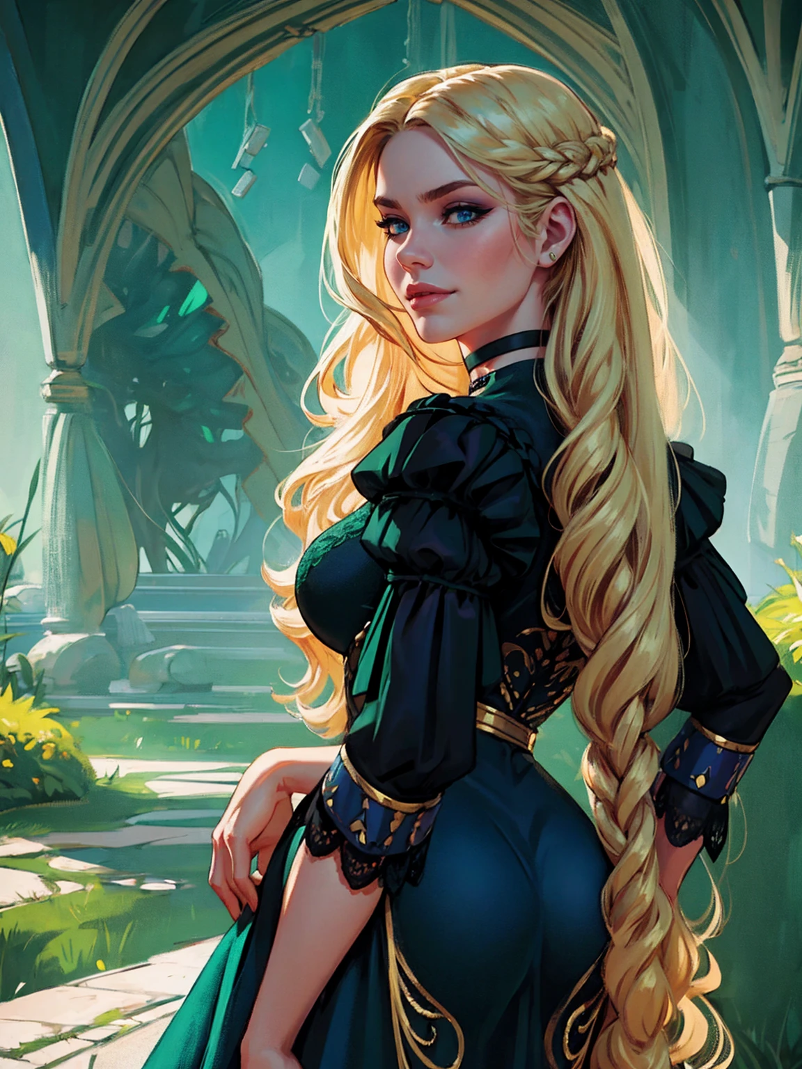 {-erro_de_anatomia:1.0} woman 40 years old, victorian clothes, (green dress), a woman (johanna constantine), very long blond hair, curly hair, (blond hair), (dark blue eyes), black choker . Indifferent look , merciless, dinamic poses, egoist smile, backwards, looking back