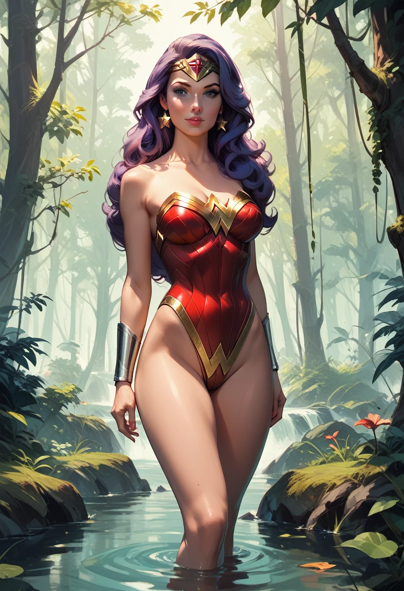 1 girl, Alone, (Disney Princess Belle:1.3), exhausting (wonder woman costume:1.2), (three quarter shot:1.1), in forest, cinematic lighting. leotard, bare legs,