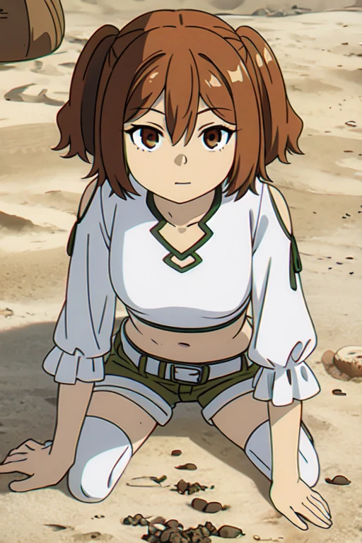 ((Bestquality))),((Ultra-detailed)),((illustration)),((Disheveledhair)),((frilld)),(1girl),(Solo), 1girl,alternate costume,beach,belt,breasts,brown eyes,brown hair,closed mouth,clothing cutout,day,desert,footprints,grass,green shorts,long sleeves,looking at viewer,midriff,navel,on ground,outdoors,path,road,sand,shirt,short hair,short shorts,shorts,shovel,Lying down,solo,stick,thighhighs,twintails,two side up,virtual youtuber,white legwear,