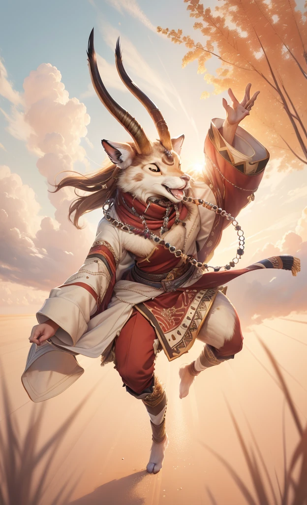 best quality,Super detailed,actual,(portrait,photo-actual:1.37),(hairy:1.1),(Humanity:1.1) High resolution, 8k, masterpiece,, Super detailed, mammal, Antelope male,whole body,National style totem,ethnic jewelry,red coat,Dance,清澈的sky空, movie lighting, sky, sunny sky,,grassland, horizon background,(Antelope fur:1.1,hairy質感:1.2), (Natural background:1.1,高地grassland:0.9), (Soft natural light:1.1), (Detailed facial features:1.1,expressive eyes:1.2), (calm and serene expression:1.1), (Flowing and layered clothing:1.1), (Gorgeous and intricate accessories:1.1), fine fur, delicate eyes, smile with mouth open
