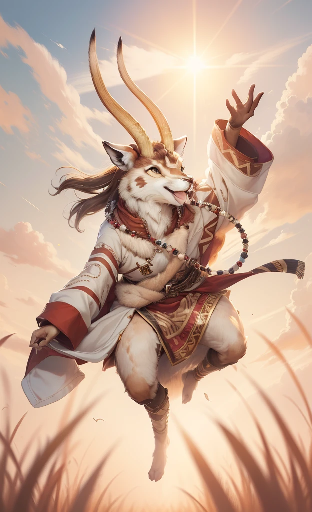 best quality,Super detailed,actual,(portrait,photo-actual:1.37),(hairy:1.1),(Humanity:1.1) High resolution, 8k, masterpiece,, Super detailed, mammal, Antelope male,whole body,National style totem,ethnic jewelry,red coat,Dance,清澈的sky空, movie lighting, sky, sunny sky,,grassland, horizon background,(Antelope fur:1.1,hairy質感:1.2), (Natural background:1.1,高地grassland:0.9), (Soft natural light:1.1), (Detailed facial features:1.1,expressive eyes:1.2), (calm and serene expression:1.1), (Flowing and layered clothing:1.1), (Gorgeous and intricate accessories:1.1), fine fur, delicate eyes, smile with mouth open