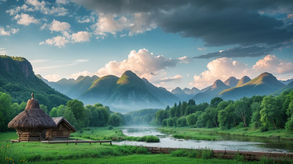 Belarusian ancient village, mystical nature, Rivers, Mountains and forests, waterfall, cloud, Photorealistic photos, It's not 8k. Aerial view.