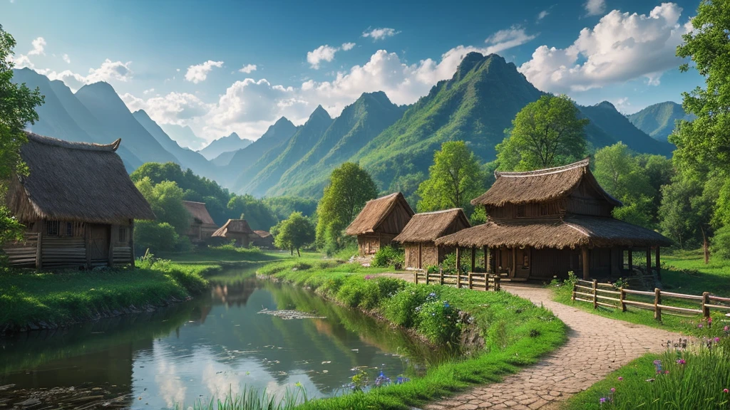 Belarusian ancient village, mystical nature, Rivers, Mountains and forests, waterfall, cloud, Photorealistic photos, It&#39;s not 8k. Aerial view.