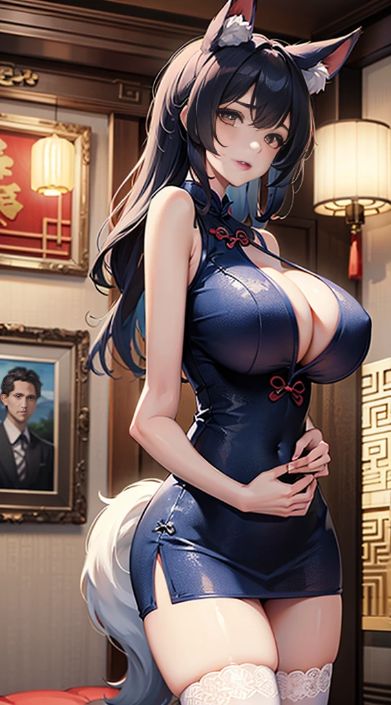 a beauty girl,Mature face,a matural female,Fluffy tail hair,Ultra-loose underwear,clothes slipping off,Anterior convex and posterior,Straight chest,Ruddy complexion,Huge fox tail,nabel,(huge tit),adventurer,tit,areola of breast,pantiess,Stockings,Human Services Group,(Chinese tradition),(Pubic bone),(on cheongsam),Blue hair