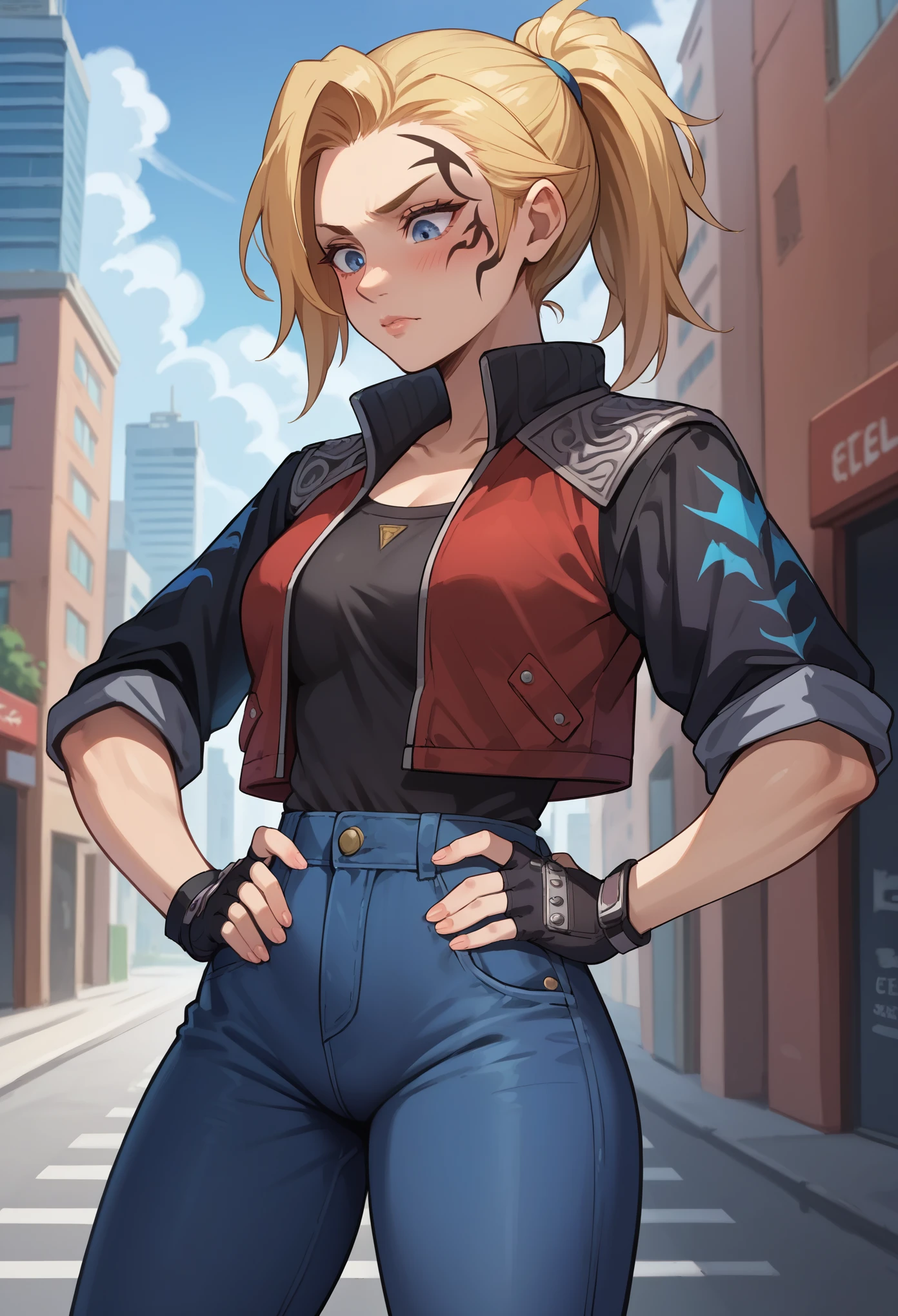 score_9, score_8_up, score_7_up, 1girl, solo, (female:1.5), female focus, female body, solo, zell, solo, blue eyes, gloves, jacket, blonde hair, long hair, medium ponytail, tattoo, gloves, facial tattoo, red jacket, black jacket, two-colours jacket, black shirt, fingerless gloves, denim, standing, blushing, thoughtful face, hands on hip,looking down, city,