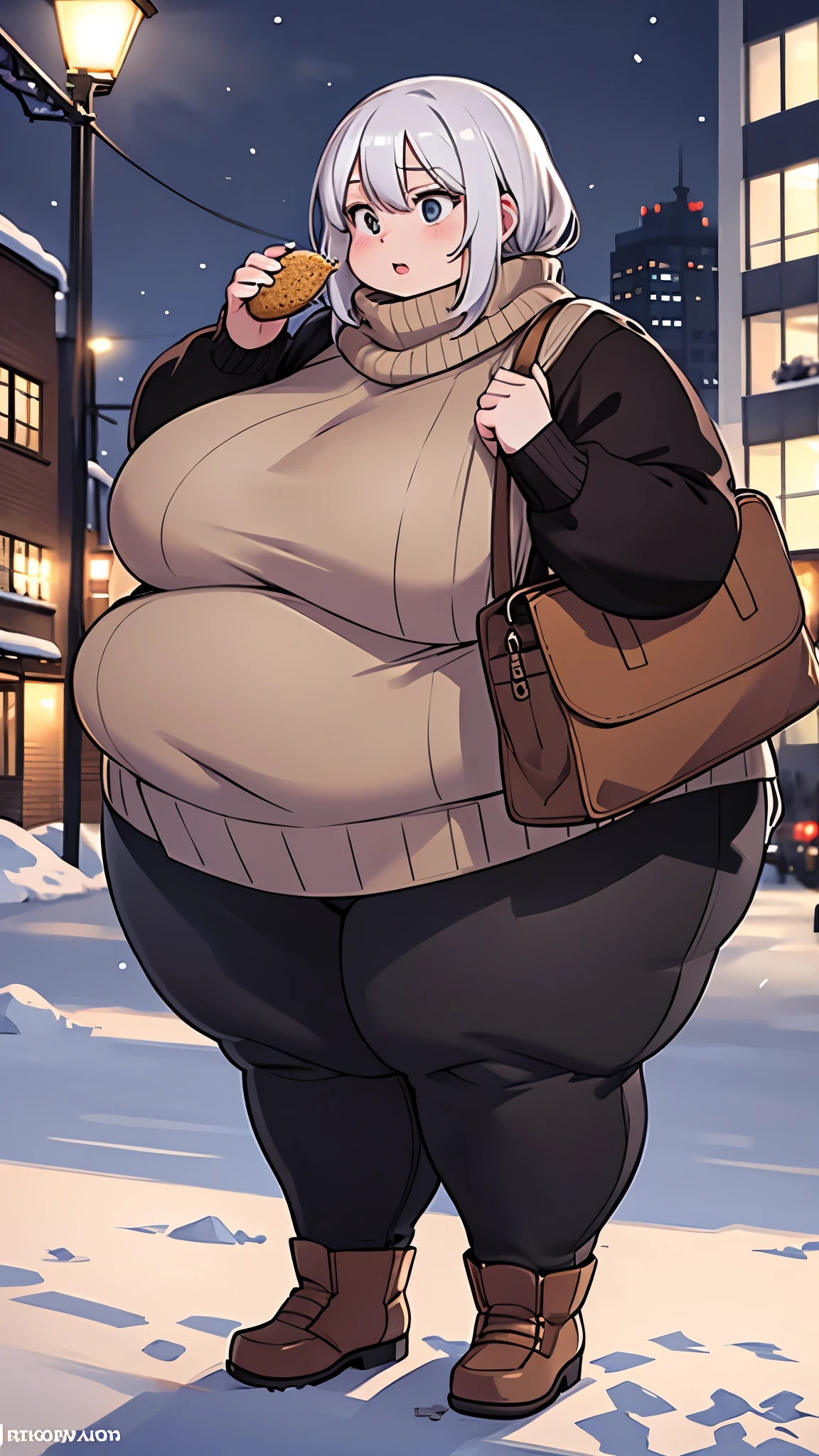 Extremely obese woman, white hair, saggy breasts, big breasts, sanding in the middle of a snowy street of a big city , nighttime, holding a large bag of chips, wearing a skit wool sweater, wearing a scarf