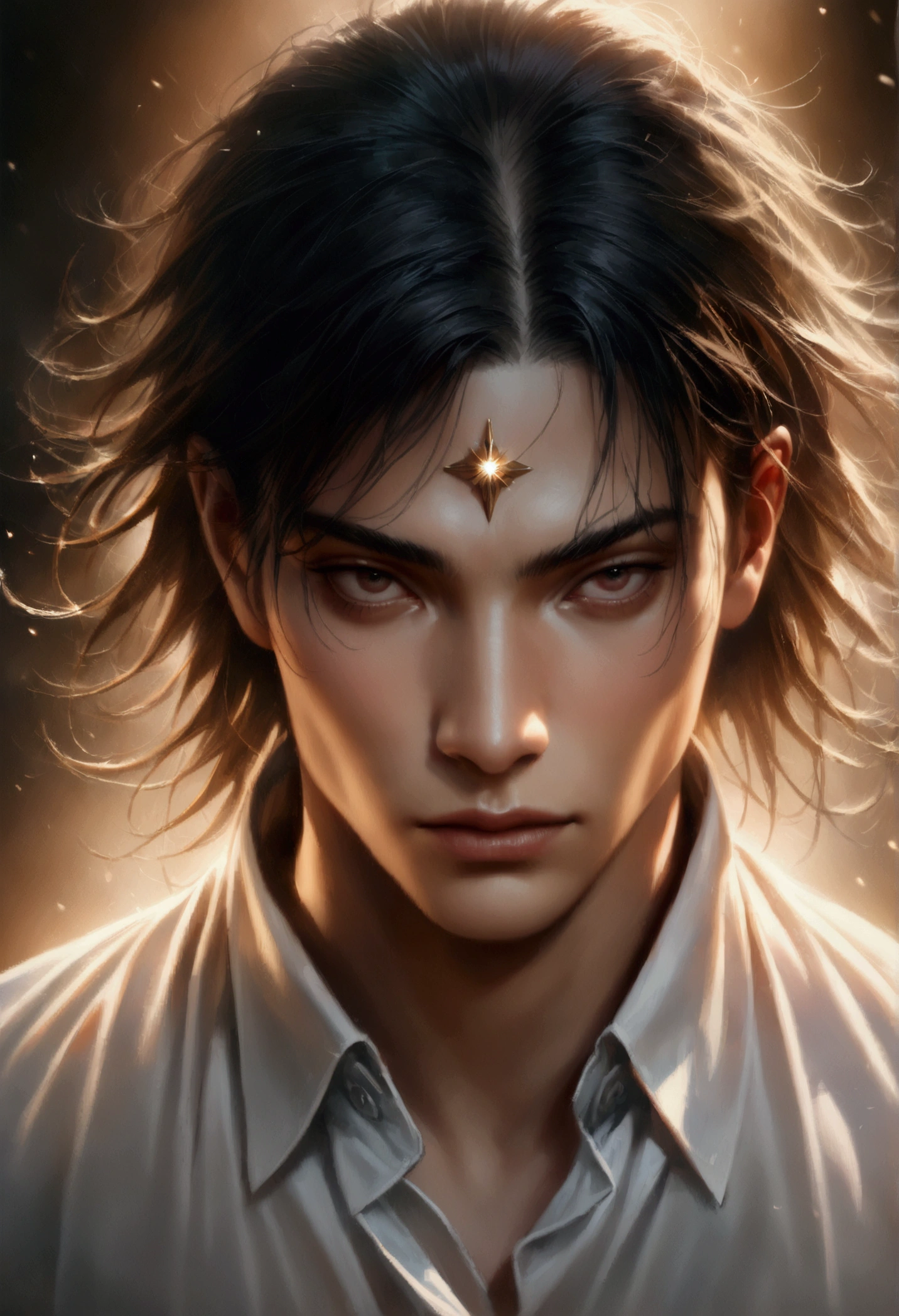 (1 guy, jujutsu kaisen, flat shaggy black hair, messy shaggy flat hair, timid looking, white dress shirt with a diamond symbol, young looking face, detailed face, intricate details, realistic, photorealistic, masterpiece, high quality, hyperrealistic, cinematic lighting, dramatic lighting, dramatic pose, cinematic composition, volumetric lighting, award winning, professional photography, highly detailed)