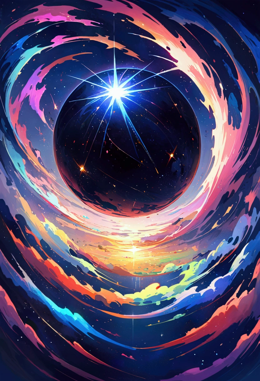 A black sphere floating in the middle of space。Sparkling and beautiful universe。A colorful and artistic world。No people。acrylic painting