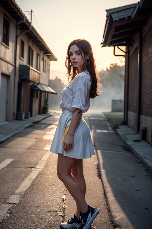 ((masterpiece:1.4, best quality:1.2)), 1 girl with long bob hairstyle, White的头发, Red Eyes, Bright Eyes, Dress neatly, Pale skin, Mechanical Parts, Science fiction, Cowboy shooting, Gradient background, full length, White, skirt, shirt, sports shoes. High Detail, high quality, [[photoPractical Chromatic aberration]], Digital photo, HDR, high Compared, (Cowboy shooting), masterpiece. [The scene was shrouded in fog, Create a mysterious and eerie atmosphere. Dim lighting，atmosphere, 带着一丝阴险的atmosphere. best quality image, HDR enhancement, Displaying the highest level of detail and realism]. [8K, best quality, Ultra-high resolution, (Very detailed CG unity 8K wallpaper), (Best photos), (best shadow), Isometric 3D, Octane Rendering, Ray Tracing, Very detailed, (best quality, 4K, 8K:1.2), absurd, Extremely detailed, (Practical, photoPractical, photoPractical:1.37), Complex parts, HDR, (Complex parts:1.12), (Ultra Detailed, hyper Practical, Soft lighting, Spicy:1.2), (Complex parts, Ultra Detailed:1.15). Blurred foreground. (Backlight), masterpiece, high quality, brightness, Chromatic Aberration, shadow, Compared, Clear skies, (Warm colors, Warm colors), High Detail, Natural anti-detail.