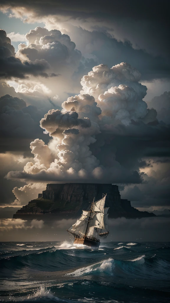A sailing ship during the age of exploration sailing through the famous treacherous Cape of Good Hope, with a great storm and high waves, dramatic cloudy sky, dramatic lighting, extremely detailed, cinematic, oil painting, epic scale, dramatic, moody, atmospheric, realistic, photo-realistic, 8k, HDR, high quality