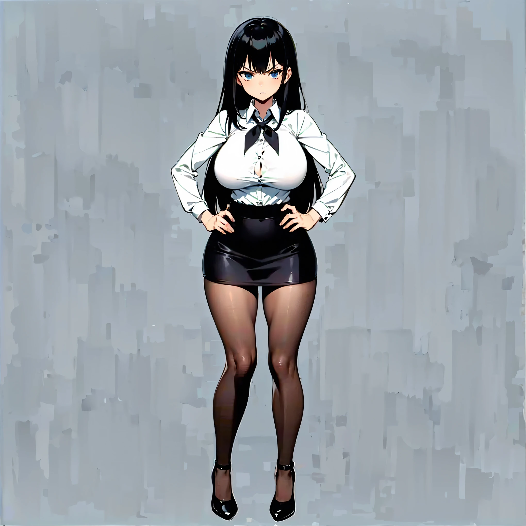 1woman, long black hair, blue eyes, big breast, wide hips, thick tighs, white buttoned shirt, black tie, black skirt, black stockings, angry expression, ((hands on hips)), ((full body)), ((solo)), ((best quality)), ((masterpiece)), portrait, looking at the viewer, from the front, simple background, ((detailed)), ((perfect anatomy)), ((detailed art)), ((high definition)), ((4k)), ((high resolution))