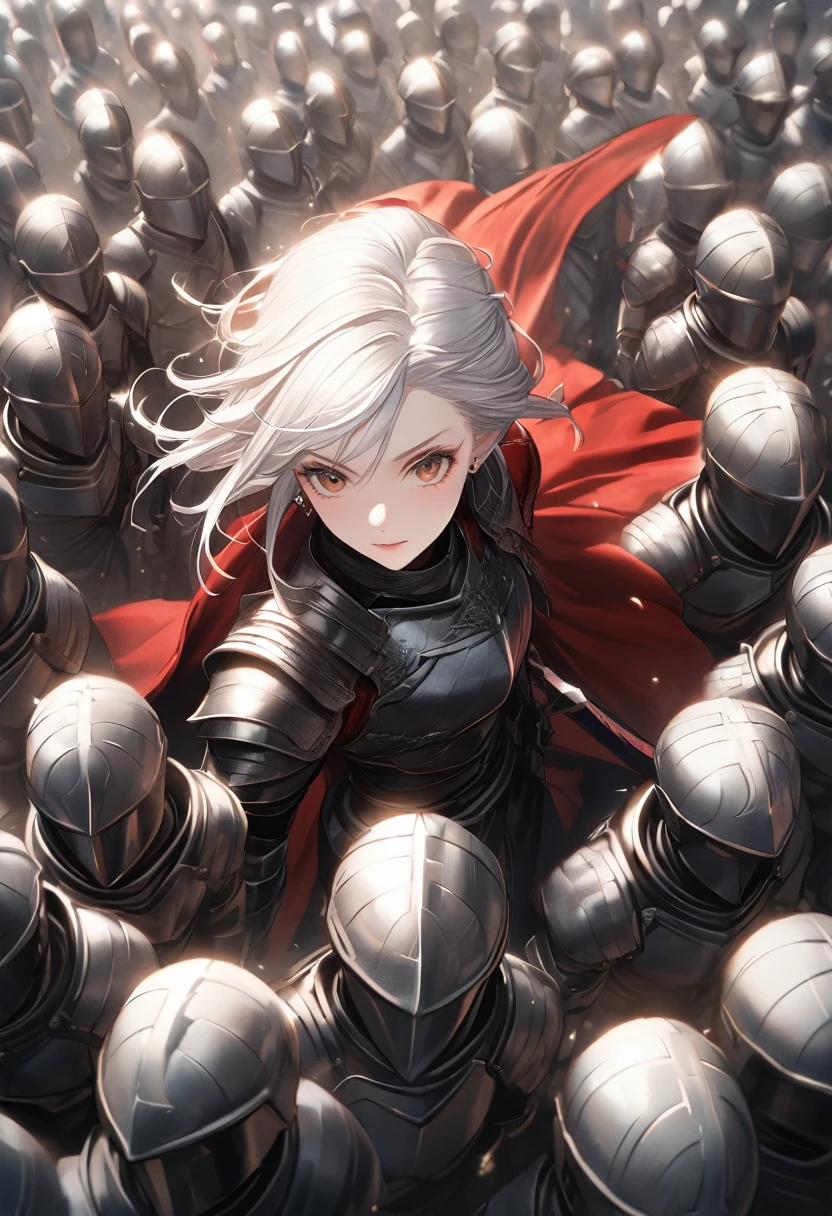 punctuation_9, punctuation_8_High above, punctuation_7_High above, textura de pele realista, detailed image of the anime, HD32k, hight contrast, textura de pele realista, beautiful female warrior, long  white hair, medium breasts, aretes, dark and black fantasy armor with red cape, With two swords in his hands, BREAK surrounded by a crowd of armored soldiers on a battlefield, facefocus