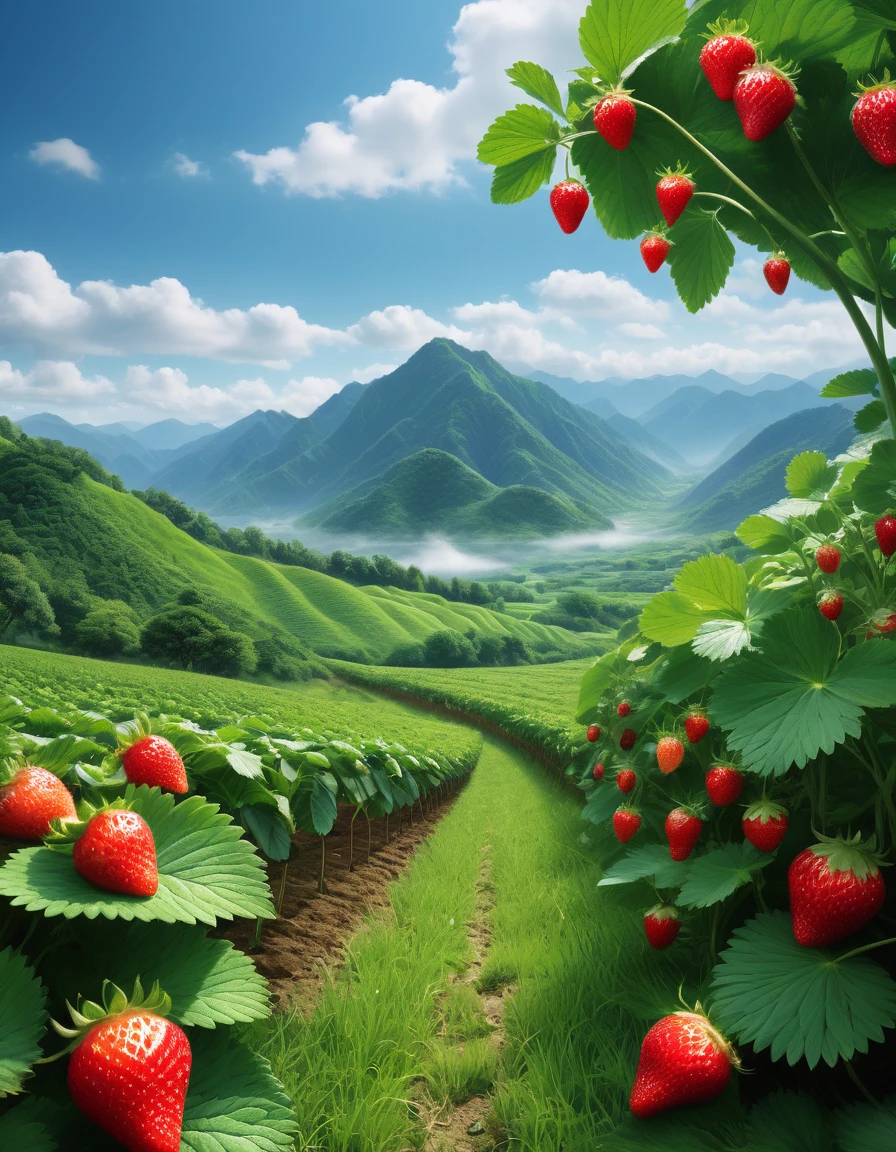 masterpiece, 最high quality, high quality, Very detailed, 8k, Fantasy、A single strawberry、Just one、50 m、grassland、I can see the trees and the mountains、