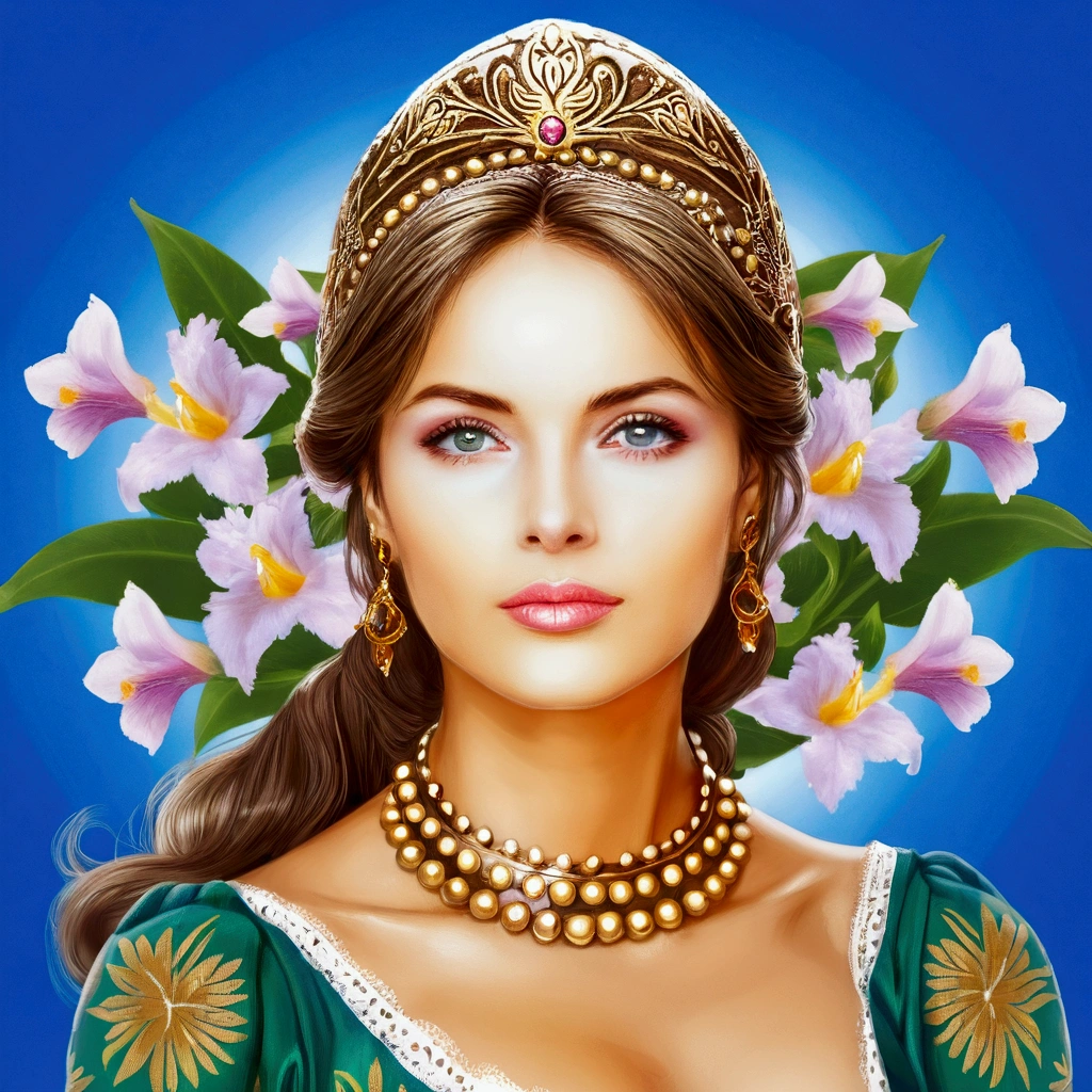 (best qualityer, 4K, 8k, A high resolution, work of art:1.2), ultra detali, (realisitic, fotorrealisitic, fotorrealisitic:1.37), portraite, Beautiful long flowing hair, gray iris,vacant gaze, plump, pink lips, The ends of the hair are dotted with white flowers, slender figure, panoramic view, formal therefore, detailed legs