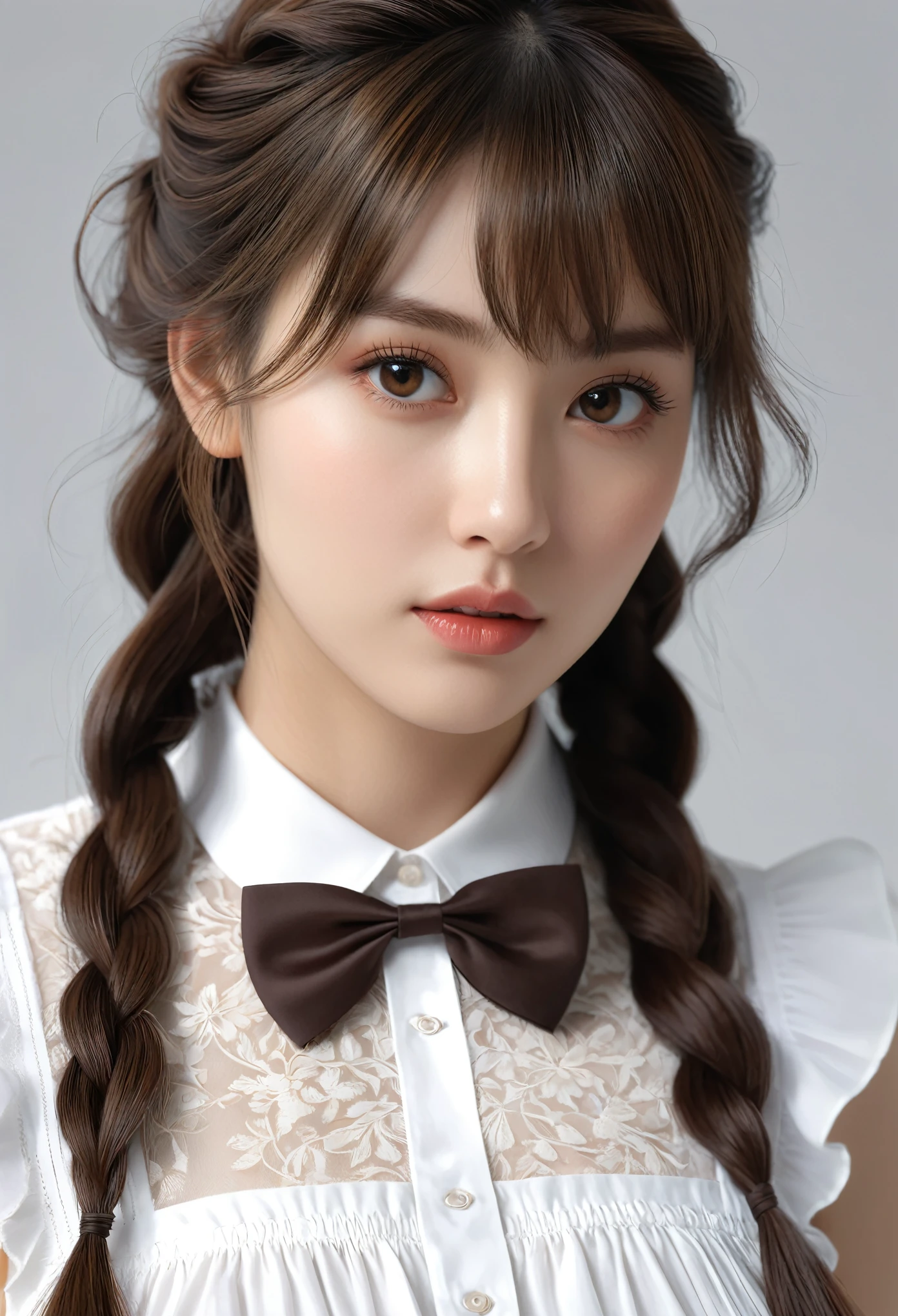(masterpiece), (最high quality), (Very detailedな), (Best Shadow), (photoRealistic:1.4), Frilled blouse, skirt, white ankle socks, (((((A long shot of a woman walking slowly))))), high quality, masterpiece, Very detailedな, High resolution, 4K, 超High resolution, Detailed Shadows, Ultra-realistic, Dramatic lighting, One Girl, alone, Detailed face, Realistic eyes, Realistic Skin, Dynamic Hair, Dynamic pose, Dynamic Angle, White floral dress, White Background, Urzan-6500-v1.1, (RAW Photos:1.2), ( Realistic:1.4), Beautiful detailed girl, Very detailed eyes and face, Beautiful attention to detail, Ridiculous, incredibly Ridiculous, Large file size, Very detailedな, High resolution, Very detailed, 最high quality, (Bright interior), (Soft Light), (Low contrast), (Shallow depth of field), (portrait of a beautiful woman illuminated by gentle light), (Very delicate and elegant depiction), (Short bangs), (Hair color is dark chestnut with a slight brown tinge), (Hair with subtle and gentle waves), (Small, intricate braids on the side of long hair), (Decorated with thin ribbons), ( White blouse with small frills), (bow tie), (青いロングskirt), (White short ankle socks), shape, Very detailed, CG, Unified, 8k wallpaper, wonderful, Finer details, 最high quality, Very detailed CG Unified 8k wallpaper, Face Light, Cinema Lighting, One Girl, 16 years old,