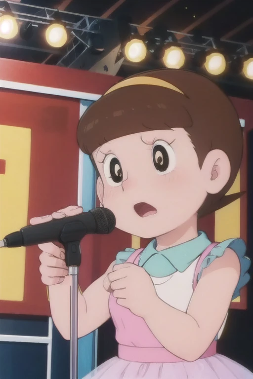 a beautiful idol girl hoshinosumire singing on stage, 1980s retro art style, 1990s style, detailed facial features, long eyelashes, detailed dress, cute expression, audience watching, best quality, 4k, 8k, highres, masterpiece, ultra-detailed, realistic, photorealistic, vivid colors, studio lighting, sharp focus, physically-based rendering, whole (body),