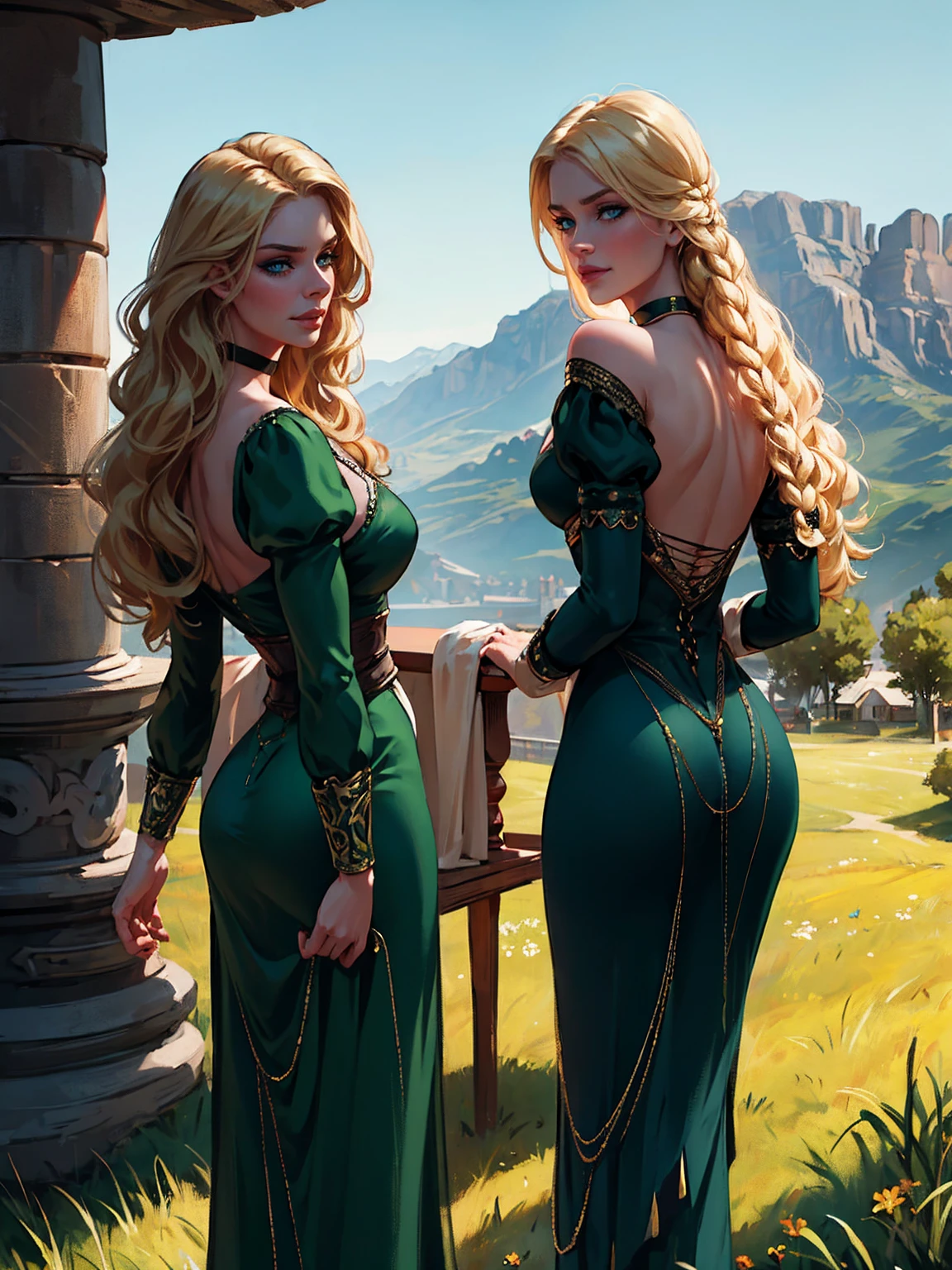 {-erro_de_anatomia:1.0} woman 40 years old, victorian clothes, (green dress), a woman (johanna constantine), very long blond hair, curly hair, (blond hair), (dark blue eyes), black choker . Indifferent look , merciless, dinamic poses, egoist smile, backwards, looking back