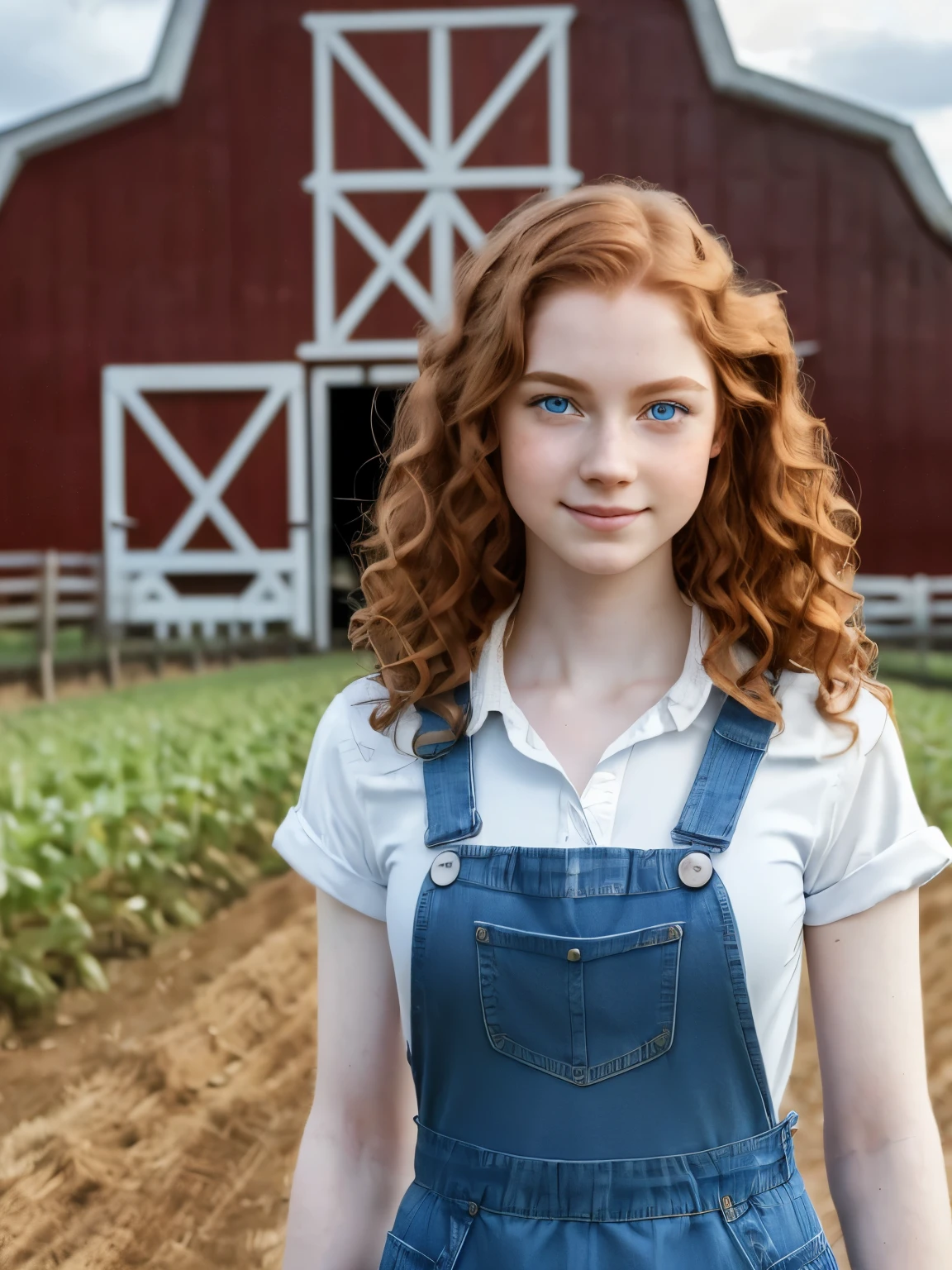 (Masterpiece, Hyperrealistic, 8k, HDR, RAW), ((Natural illumination)), sunny illumination, sunlight illumination, ((Pretty girl)), American girl, cute girl, ((Pale skin)), , ((Wavy auburn hair)), ((Blue eyes)), ((Cloudy day)), ((Denim overall)), ((In front of a Farm)), ((Slender body)), cute face, blush, big eyes, grin, perfect anatomy