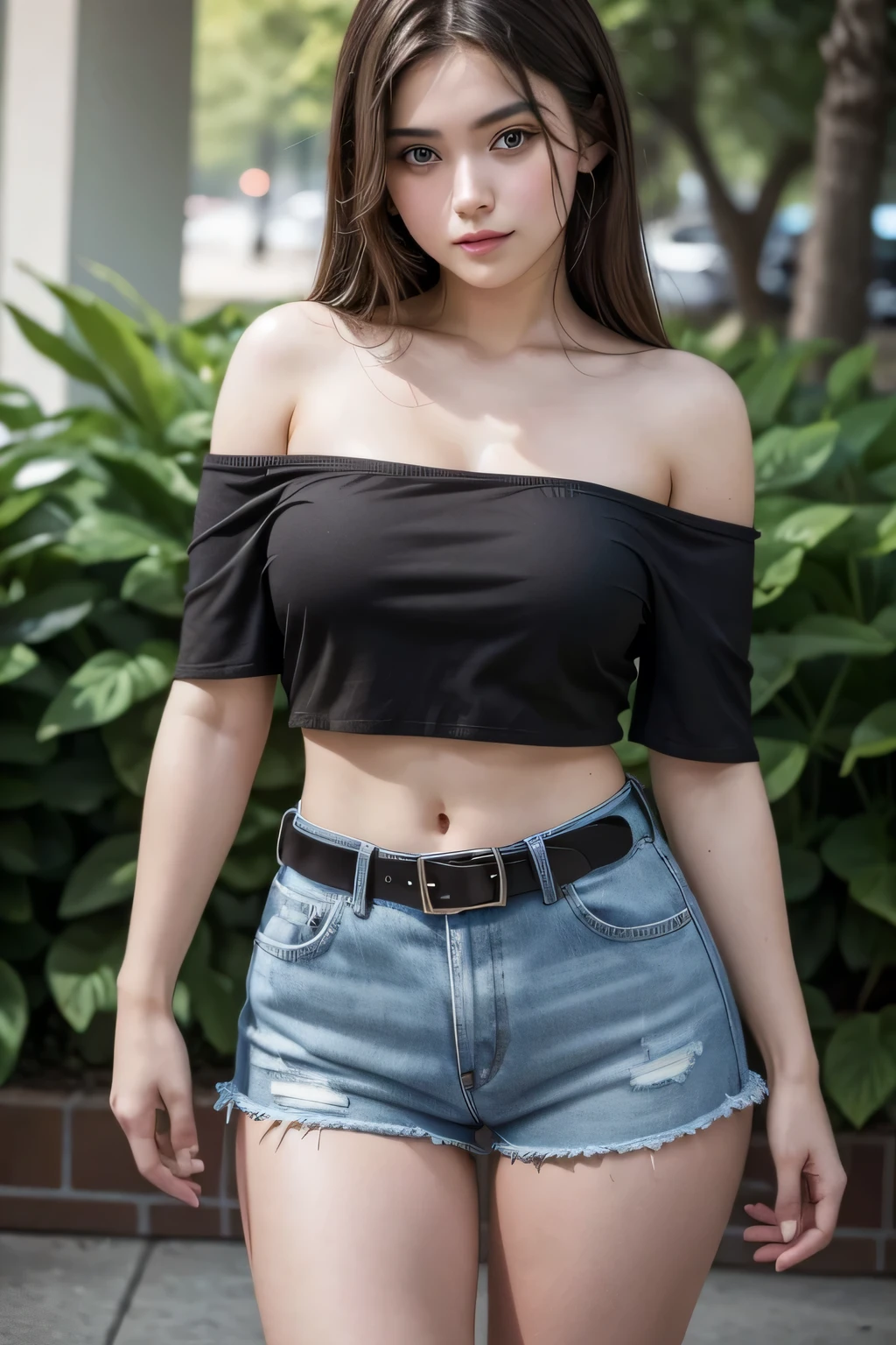 Beautiful 18-year-old brunette girl wearing a short one-shoulder black blouse and high-waisted denim shorts with a black belt showing her navel
