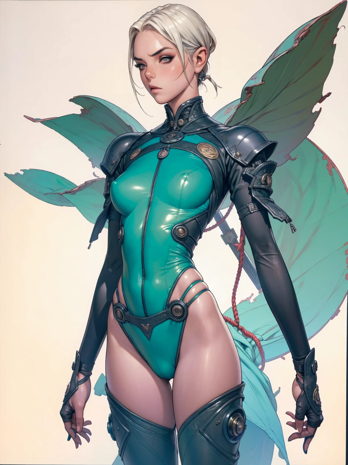 (((Annie Lennox))), ((( military suit ))), (((Bandaged body))), ((high collar)), (((dark bluish green))), (((best qualityer: 1.4))), (Unbeatable masterpiece), (hiper HD),(CG 8k hyper-realistic), (((brave face))), (((breasts big))), (((hyper feminine))), sexly girl, Tron,（black bob hair)), ((( sculptural body ))), (((1 Kizi))), Kizi cibernética de 25 anos com perfectbody,,Beautiful and well-groomed face,muscular body:1.2,solid color detailed jacket, (Head to thigh photos)， Complex equipment, green dark，Long pants，Tight clothes are dark，With white stars and off-white stripes,,,,,Armor Metal Electronic Parts, Poison tattoos ) INFO, Kizi, (((standing alone))), pirralha violent, ((())), sexly, pose de atitude, work of art, post-apocalypse, (((manga style))), bounty hunter, violent, Manic, the way you want, slenderbody, thin but strong, perfectbody, roupa moderna, advanced technology, neon, sleeves with vertical striped pattern, neutral background, (( cowboy shot )). intricate visual