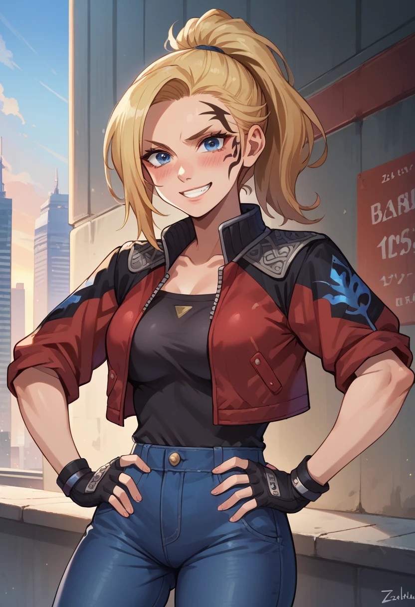 score_9, score_8_up, score_7_up, 1girl, solo, (female:1.5), female focus, female body, solo, zell, solo, blue eyes, gloves, jacket, blonde hair, long hair, medium ponytail, tattoo, gloves, facial tattoo, red jacket, black jacket, two-colours jacket, black shirt, fingerless gloves, denim, standing, blushing, grin, hands on hip,looking at you, city,