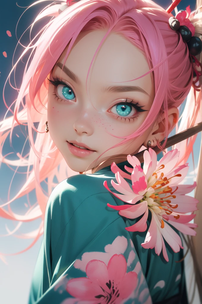 masterpiece, best quality, 1 girl, demon eyes, kimono, (lycoris flower) in hair, highly detailed, high definition, pink hair, (teal ink, pink paint splatter), (yellow ink, violet paint splatter), , watercolor, vibrant colors