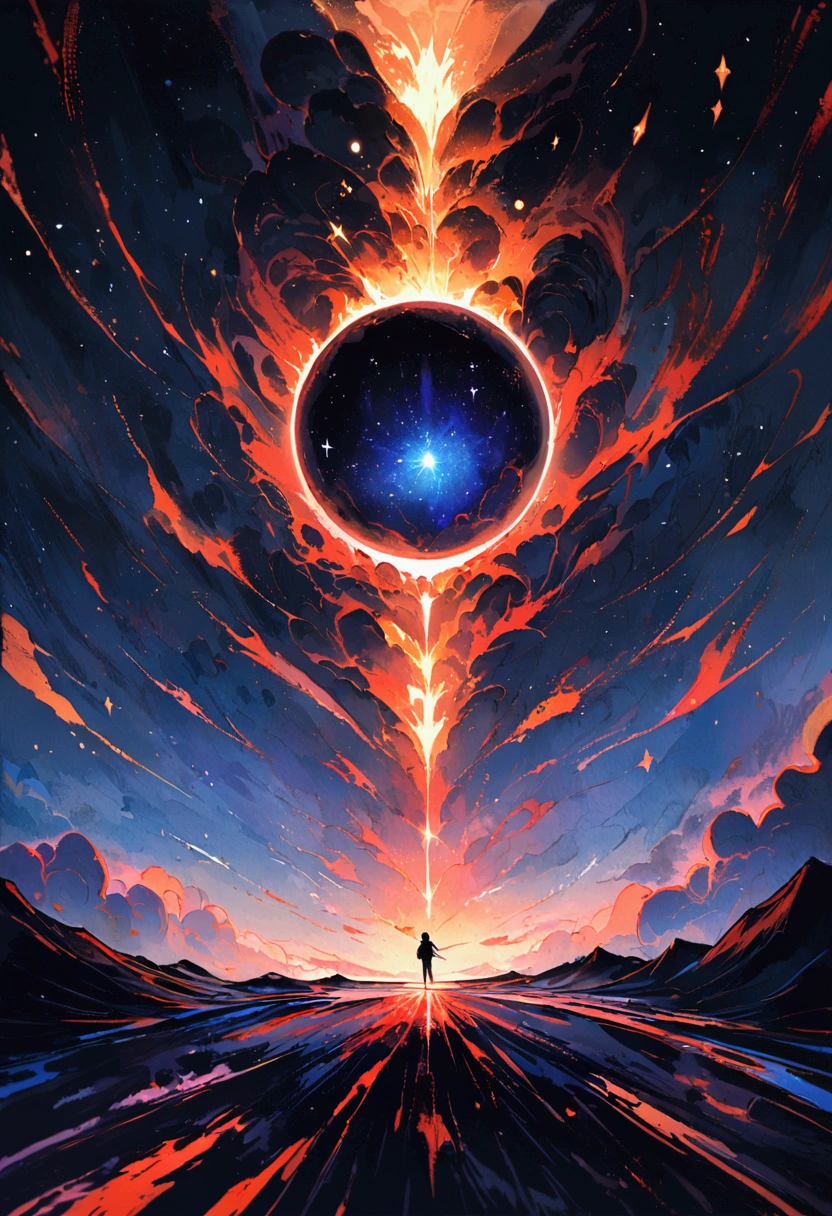 A black sphere floating in the middle of space。The glittering, magnificent and beautiful universe。No people。acrylic painting