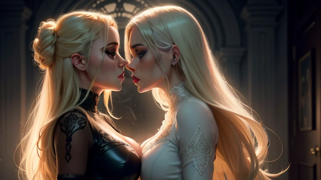 a beautiful blonde woman in a white dress, a woman in a black bodystocking, two women kissing, police officer, detailed facial features, intricate clothing, dramatic lighting, cinematic composition, hyper realistic, 8k, masterpiece