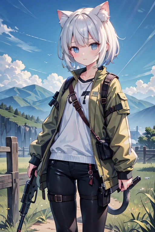 anime style, super fine illustration, masterpiece,best quality,highly detailed, dynamic angle, beautiful detailed, 8k,BREAK A giant meca is standing behind girl. BREAK A rainbow appears in the sky.Break battlefield,detailed background,beautiful background,Break 1 cat girl,white short hair,army jacket,army pants,