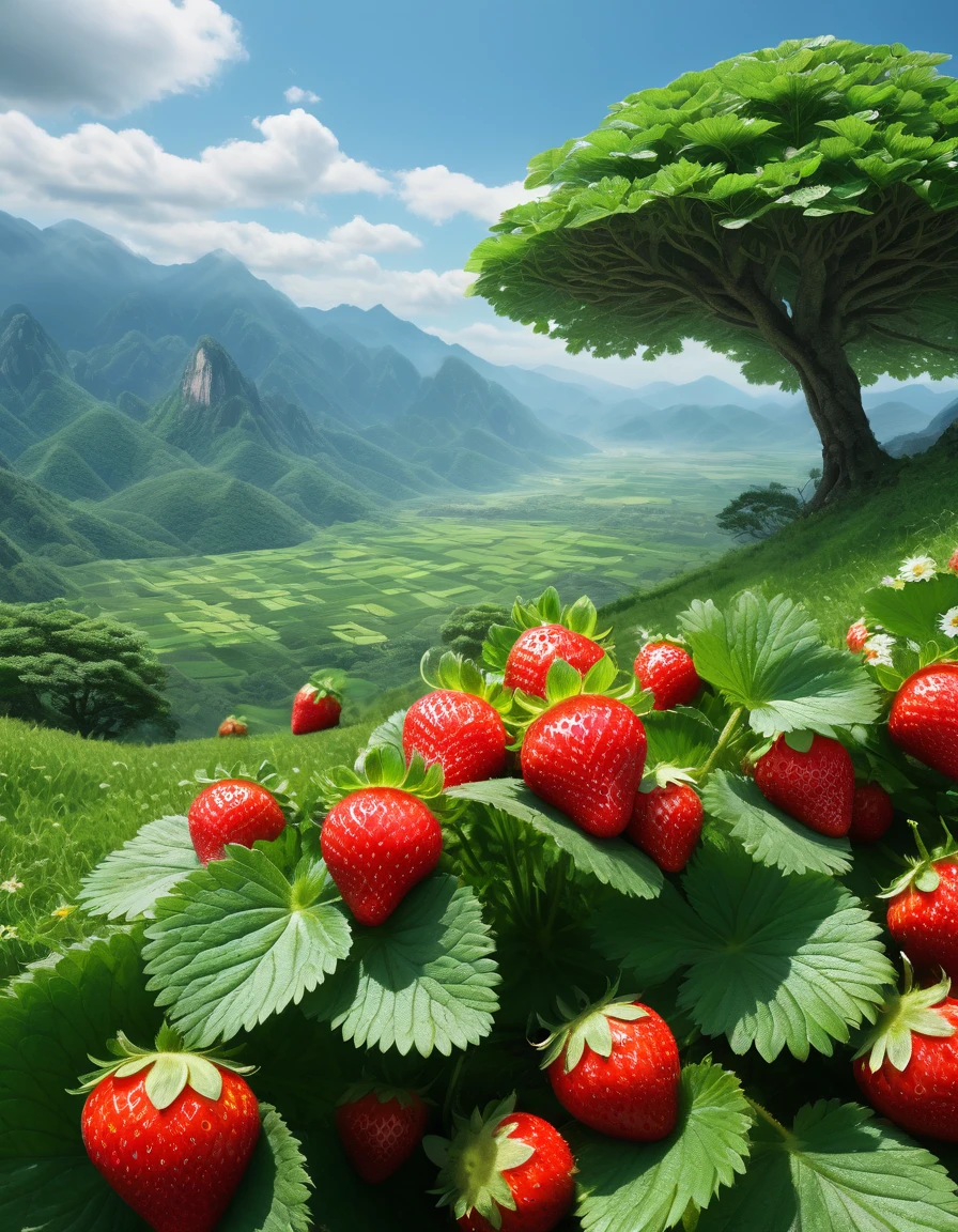 masterpiece, 最high quality, high quality, Very detailed, 8k, sf、Fantasy、Super giant strawberry、Just one、50 m、grassland、I can see the trees and the mountains、