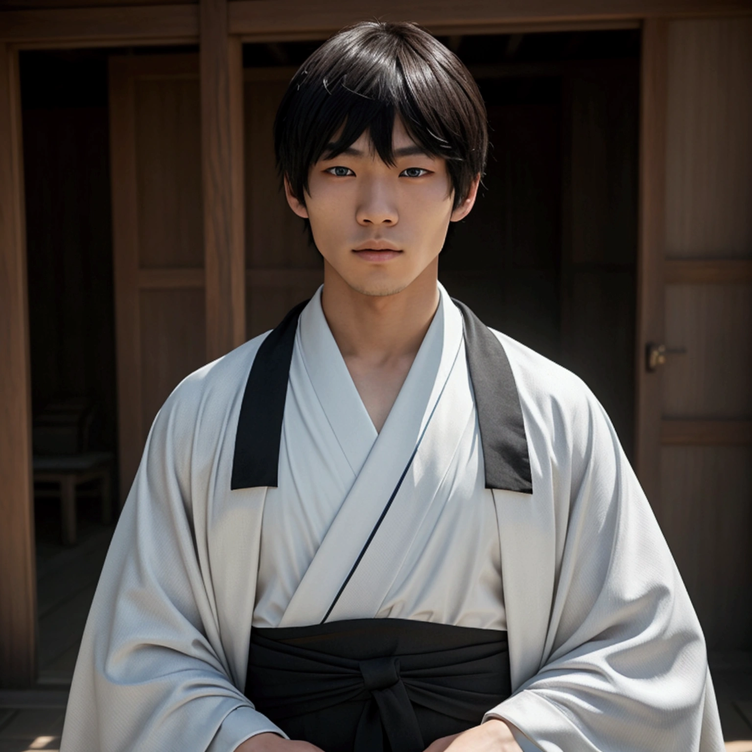 an eighteen year old Japanese man with a razualvemte full physique, have fair skin, I want you to have blue eyes and your hair covers your left eye with bangs, one eye covered by bangs, has a serious expression, and wears a white kimono, has a black cape on its back and has a strong look.. captured in an ultra-realistic full HD 4K portrait, detailed texture showing its menacing shape, Immersive atmosphere, high definition shadow play, digitalpainting, nevoa no environment.