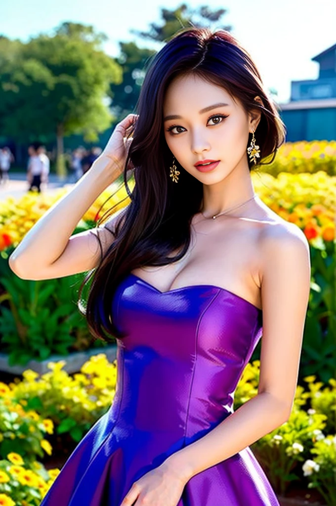 Tzuyu 1, woman, (Realistic), (Hyperrealism), (photoRealistic), Written boundary depth, eye make up:0.7 (whole body:1.8), (Large Bust),(Tight waist), Observe the audience,At the flower garden, Fashion Model, A sexy dress with open shoulders and neckline
