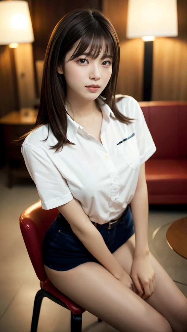 Beautiful woman、Well-formed face、Even out the eyes、Align your feet、Bright interior、Dark colored short sleeve shirt、Sitting on a chair in a hotel room、Bright interior、Age 25, Light brown hair, Hair that falls over the shoulders, Parted bangs, Straight hair, Expressive hair, Shiny Hair, shy, Lips parted, Large Breasts, Perfect figure, Surrealism, First Person View, Nikon, 超High resolution, Anatomically correct, Textured skin, Attention to detail, Highest quality, High resolution, 8k
