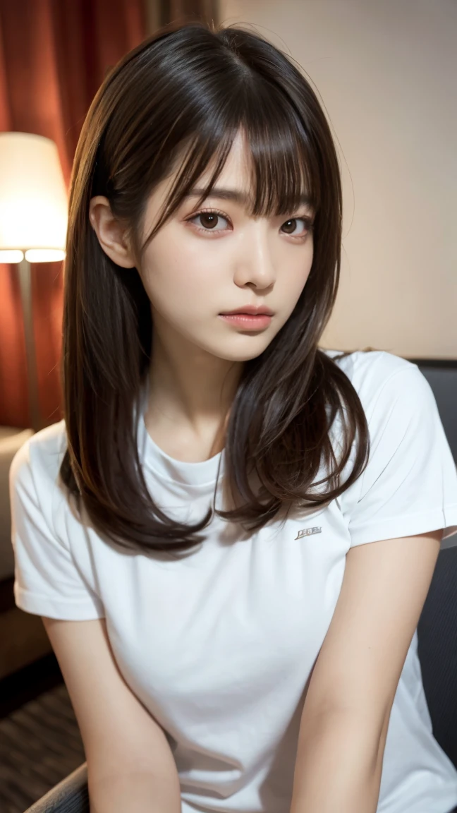Beautiful woman、Well-formed face、Even out the eyes、Align your feet、Bright interior、Dark colored short sleeve shirt、Sitting on a chair in a hotel room、Bright interior、Age 25, Light brown hair, Hair that falls over the shoulders, Parted bangs, Straight hair, Expressive hair, Shiny Hair, shy, Lips parted, Large Breasts, Perfect figure, Surrealism, First Person View, Nikon, 超High resolution, Anatomically correct, Textured skin, Attention to detail, Highest quality, High resolution, 8k