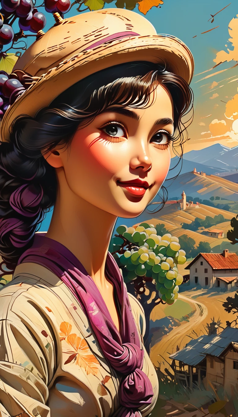 Japanese colorfulness, cinematic romance, tempera, impasto, legal illustration, poster, landscape, ink-painted edges, summer close-up, airy happy gentle girl, vintage Verona, windy cinematic portrait on cracked paper, detailed textures, dynamic pose, trees and grapes, dynamic pose, rustic farmhouse, rustic beret, scarf, rural pastoral, sunset, Kuindzhi Rockwell Disney ., Royo, Vallejo Kraola, Carl Rungius | Ivan Rabuzin | Ed Emshwiller] cinematic, 32 kb, , , high detail, complex poses, high quality, concentration, perfect composition
..,face,chan-wong