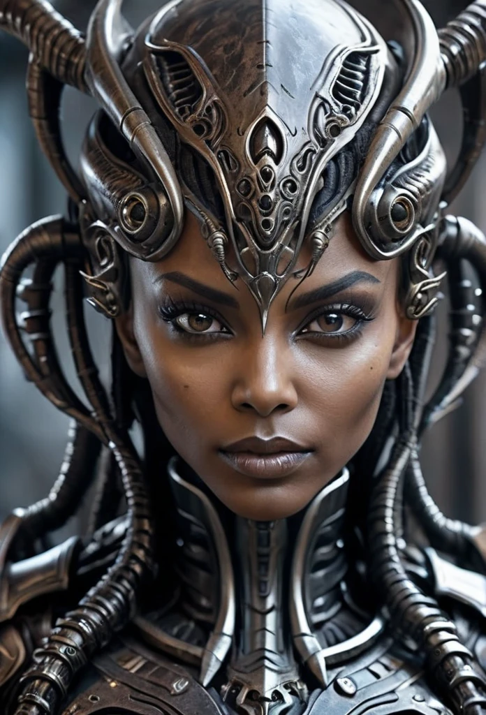 Ebony Female close up portrait shot, superior ancient Strigoi vampire,brown skin,dark alien armor,black exoskeleton, horror, dreamlike, (Artstation:1.1), (intricate:1.1), (great eye detail:0.7), solo, female, looking at viewer, photorealistic, 8k, unreal engine, inspired by HR Giger, half body portrait, highly detailed,