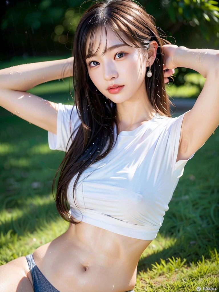 (masterpiece:1.3), (8k, Realistic, RAW Photos, Best image quality: 1.4), (Random Hairstyles:1.2)、(Highly detailed face)、Attention to detail、double eyelid、(Dark Eyes),(Sharp focus:1.2)、((whole body:1.7)),One Woman、Beautiful woman:1. 4,20-year-old woman、smile,Woman with a perfect body,Beautiful Abs,Chest-length hair、Highest quality、masterpiece、Ultra-high resolution、(Realistic:1.4)、super high quality、Symmetrical face、The face is very realistic、Photo level、8k最高画質はフル、Sebaceous reflex、The face is very realistic、Extremely realistic skin、Realistic light and shadow effects、(Pure and elegant girl),Professional Lighting、Swayback,Beautiful thighs,Sexy pose,((Underarm)),Seductive pose,((outside,rain)),天気はrain,T-Shirts,(濡れたT-Shirts,透けてるT-Shirts,Wet body),panties