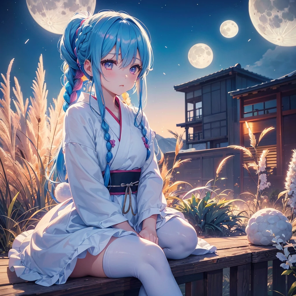 Sky blue hair, (Braided Ponytail:1.2), Pink eyes,Fair skin ,(whole body),(One Girl),Tsukimi,(White sweet dumplings ),White round dumplings,Japanese pampas grass,(beautiful, Full moon shining in the night sky),(masterpiece, Highest quality, Very detailed, Best Shadow), (Detailed Background), (Beautifully detailed face), High Contrast, (Best lighting, Very delicate and beautiful), ((Cinematic Light)), colorful, Hyper Detail,8k, Dramatic Light, Intricate details,Sit and eat dumplings while watching the moon,(Shadow of a rabbit on the moon),mysterious
