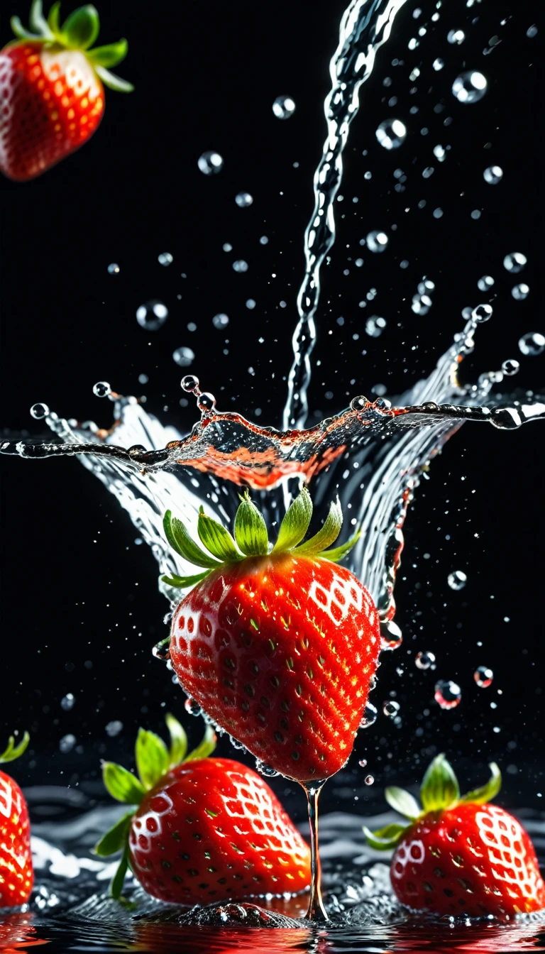 Grading RAW HD photos，Super real photos，Super real photos，digital monocular telescope，柔和的Light，Product photo of a strawberry falling into water、Dripping、splash出透明液体、splash，Dynamic Association，(main part) (best quality) (detailed) (Light) (sharp focus) (complicated), main part, best quality, Ultra-high resolution, 8k ultra high definition