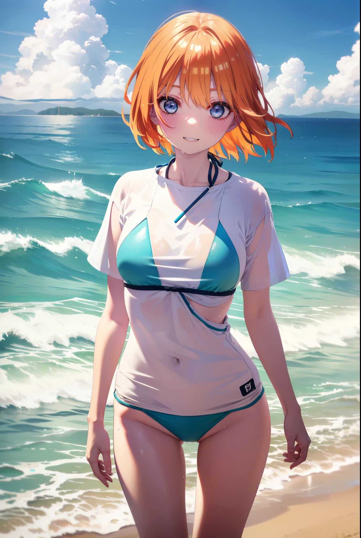 Yotsubanakano, Fourth floor Nakano, bangs, short hair, blue eyes, Hair between the eyes, Orange Hair, smile, Grin,Oversized green t-shirt,Short sleeve,Yellow bikini swimsuit,barefoot,Wet swimsuit,Wet Skin,Wet Hair,whole bodyがイラストに入るように,
break outdoors,Ocean,Beach,
break looking at viewer,whole body, (Cowboy Shot:1.5),
break (masterpiece:1.2), Highest quality, High resolution, unity 8k wallpaper, (figure:0.8), (Beautiful attention to detail:1.6), Highly detailed face, Perfect lighting, Highly detailed CG, (Perfect hands, Perfect Anatomy),