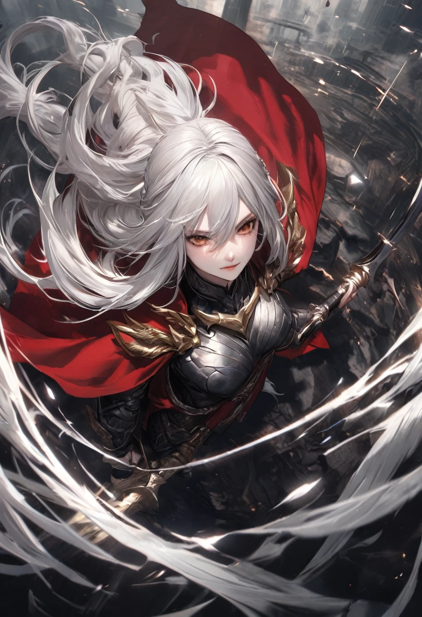 punctuation_9, punctuation_8_High above, punctuation_7_High above, textura de pele realista, detailed image of the anime, HD32k, hight contrast, textura de pele realista, beautiful female warrior, long  white hair, medium breasts, aretes, dark and black fantasy armor with red cape, with a sword in each hand, on a battlefield, facefocus