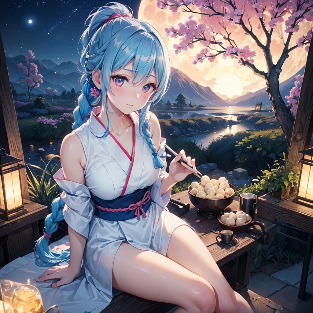 Sky blue hair, (Braided Ponytail:1.2), Pink eyes,Fair skin ,(whole body),(One Girl),Tsukimi,(White sweet dumplings ),White round dumplings,Japanese pampas grass,(beautiful, Full moon shining in the night sky),(masterpiece, Highest quality, Very detailed, Best Shadow), (Detailed Background), (Beautifully detailed face), High Contrast, (Best lighting, Very delicate and beautiful), ((Cinematic Light)), colorful, Hyper Detail,8k, Dramatic Light, Intricate details,Sit and eat dumplings while watching the moon,(Shadow of a rabbit on the moon),mysterious