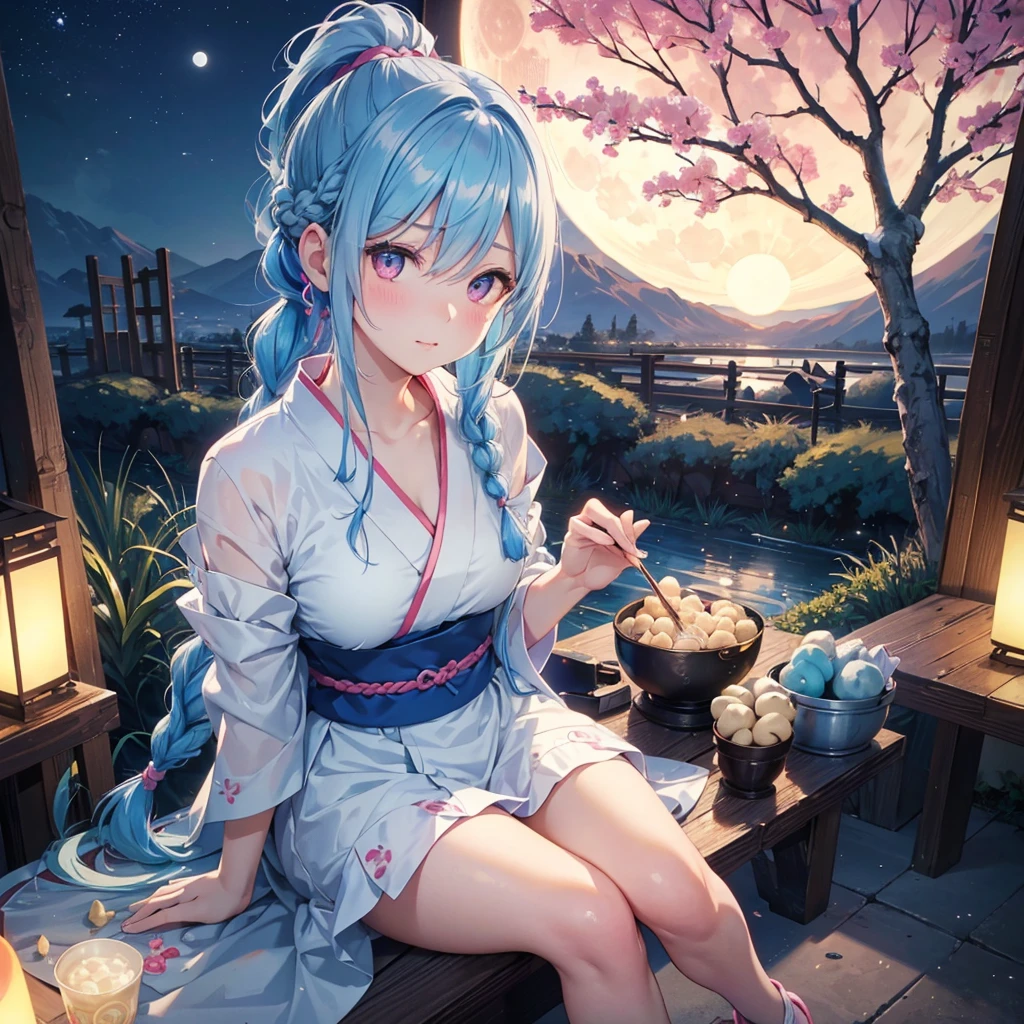 Sky blue hair, (Braided Ponytail:1.2), Pink eyes,Fair skin ,(whole body),(One Girl),Tsukimi,(White sweet dumplings ),White round dumplings,Japanese pampas grass,(beautiful, Full moon shining in the night sky),(masterpiece, Highest quality, Very detailed, Best Shadow), (Detailed Background), (Beautifully detailed face), High Contrast, (Best lighting, Very delicate and beautiful), ((Cinematic Light)), colorful, Hyper Detail,8k, Dramatic Light, Intricate details,Sit and eat dumplings while watching the moon,(Shadow of a rabbit on the moon),mysterious