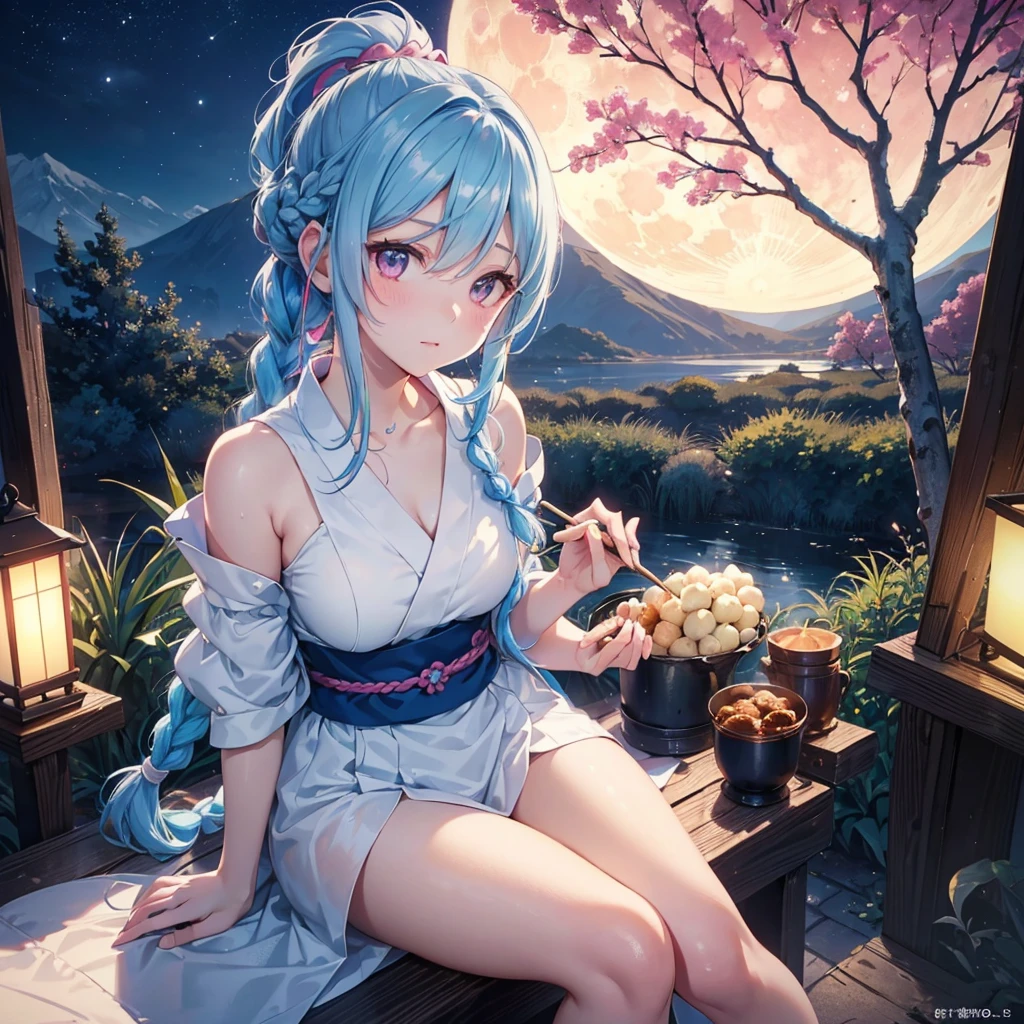 Sky blue hair, (Braided Ponytail:1.2), Pink eyes,Fair skin ,(whole body),(One Girl),Tsukimi,(White sweet dumplings ),White round dumplings,Japanese pampas grass,(beautiful, Full moon shining in the night sky),(masterpiece, Highest quality, Very detailed, Best Shadow), (Detailed Background), (Beautifully detailed face), High Contrast, (Best lighting, Very delicate and beautiful), ((Cinematic Light)), colorful, Hyper Detail,8k, Dramatic Light, Intricate details,Sit and eat dumplings while watching the moon,(Shadow of a rabbit on the moon),mysterious