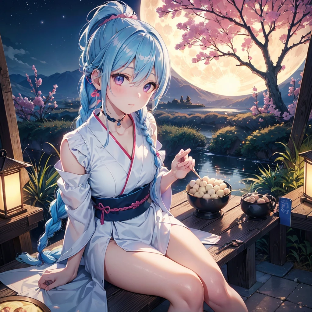 Sky blue hair, (Braided Ponytail:1.2), Pink eyes,Fair skin ,(whole body),(One Girl),Tsukimi,(White sweet dumplings ),White round dumplings,Japanese pampas grass,(beautiful, Full moon shining in the night sky),(masterpiece, Highest quality, Very detailed, Best Shadow), (Detailed Background), (Beautifully detailed face), High Contrast, (Best lighting, Very delicate and beautiful), ((Cinematic Light)), colorful, Hyper Detail,8k, Dramatic Light, Intricate details,Sit and eat dumplings while watching the moon,(Shadow of a rabbit on the moon),mysterious