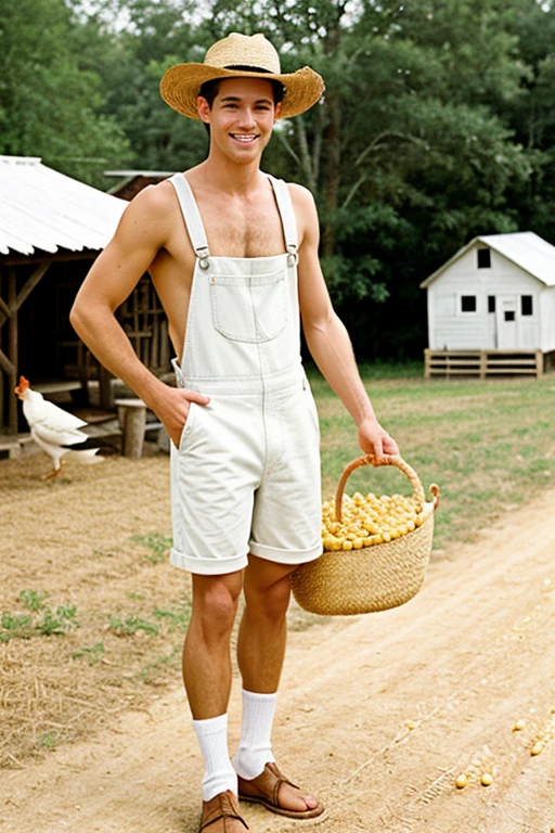 Young handsome cute beautiful skinny white face shirtless naked overalls bottoms shorts winged his grandmother humble ranch hat holds basket of corn in her hand feeding corn to many chickens that are around a little house behind the cute man