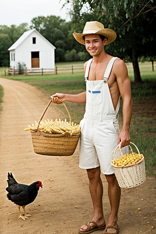 Young handsome cute beautiful skinny white face shirtless naked overalls bottoms shorts winged his grandmother humble ranch hat holds basket of corn in her hand feeding corn to many chickens that are around a little house behind the cute man