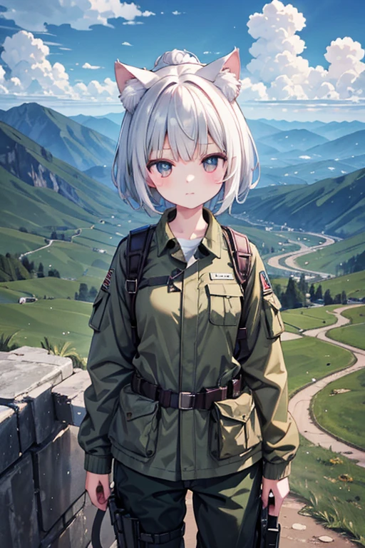 anime style, super fine illustration, masterpiece,best quality,highly detailed, dynamic angle, beautiful detailed, 8k,BREAK A giant meca is standing behind girl. BREAK A rainbow appears in the sky.battlefield,detailed background,beautiful background,Break 1 cat girl,white short hair,army jacket,army pants,