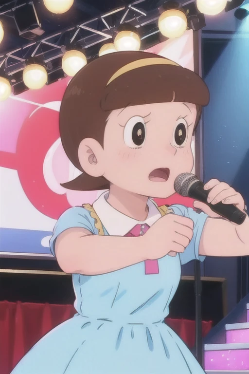 a beautiful idol girl hoshinosumire singing on stage, 1980s retro art style, 1990s style, detailed facial features, long eyelashes, detailed dress, cute expression, audience watching, best quality, 4k, 8k, highres, masterpiece, ultra-detailed, realistic, photorealistic, vivid colors, studio lighting, sharp focus, physically-based rendering, show someone from head to foot, I don't need a microphone.