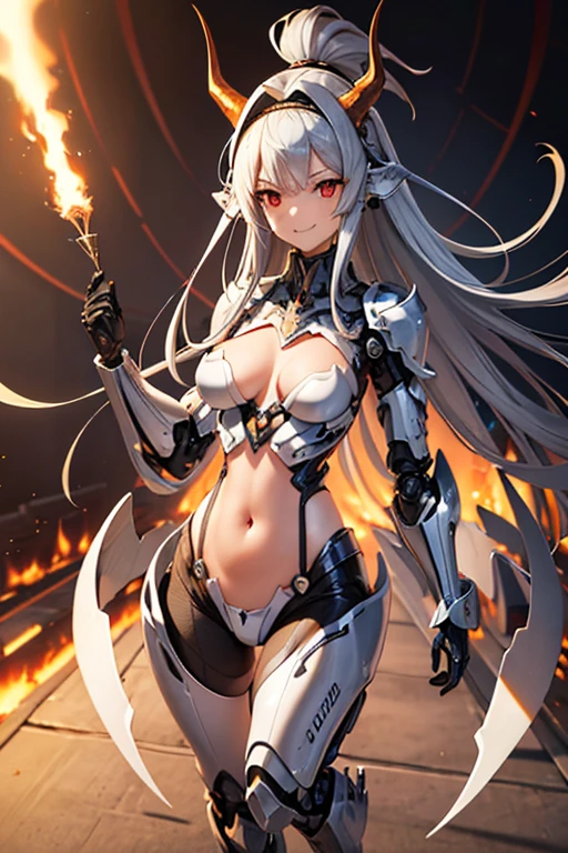full body, High resolution, sight, smile, Shortcuts, bangs, Red eyes, Headpiece, Bangs between the eyes, head band, Horns of the beast, multiview, Decorative arts, masterpiece, Accurate, Anatomically correct, 最high quality, High resolution, Attention to detail, High resolutionモデル, high quality, Very detailed, Grey Hair, Silver Hair, Intersecting bangs, Hide your ears, Please open your mouth a little, teeth, Smile with teeth showing, Slanted Eyes, multiview, Setting diagram, Status Table, bonus, Character Design画, head band, Mole at the corner of the mouth, Feather Hair Accessories, Cast a Shadow, 8k octane, アニメ, アニメ風, Character Design, Brown Skin、Bone wings on the back、Exposed breasts、Shoulder Bare、Mechanical Limbs、Exposure of the belly、Fluorescent orange lines on clothes